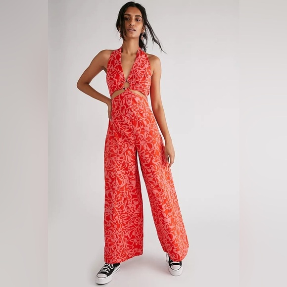 Free People Pants - NWOT Free People Kira Jumpsuit red/pink 
Wide Leg Size L